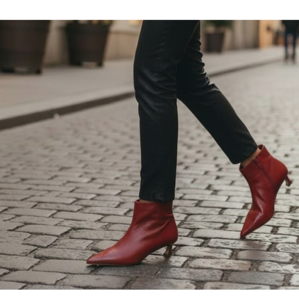 Gianni Bini Georgina Leather Pointed Toe Kitten Heel Booties Color: Red Size: 7
